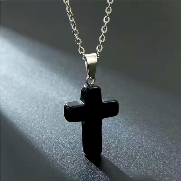 Black Onyx Cross Charm Necklace Silver Chain NWT - Picture 3 of 6
